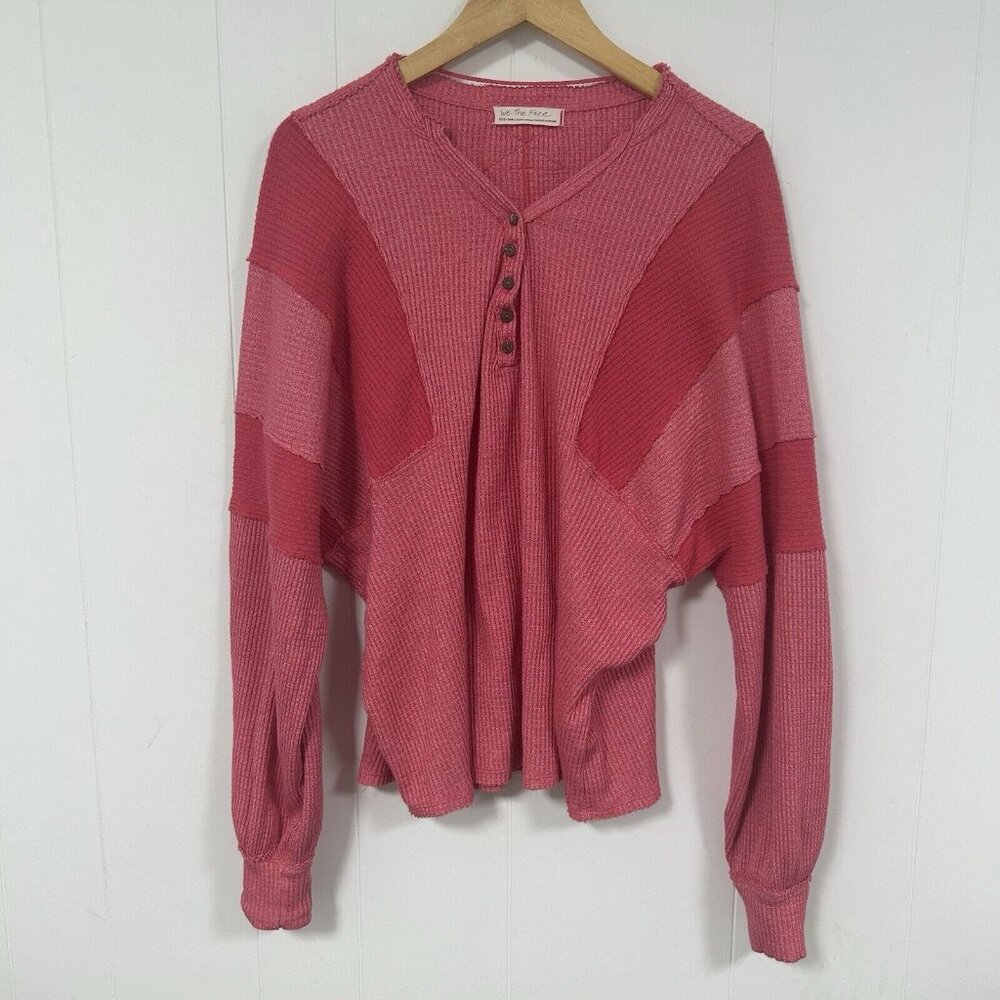 We The Free People Callisto Henley Shirt XS Pink Waffle Knit Dolman Oversized